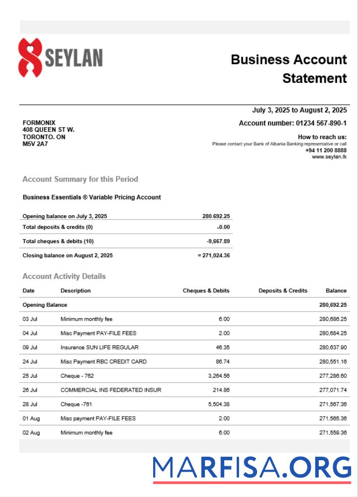 Printable Sri Lanka Seylan Bank organization checking account statement Word and PDF template